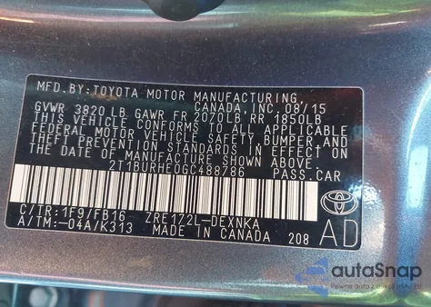 2016 Toyota Corolla Le из США, поврежденный, VIN 2T1BURHE0GC488786